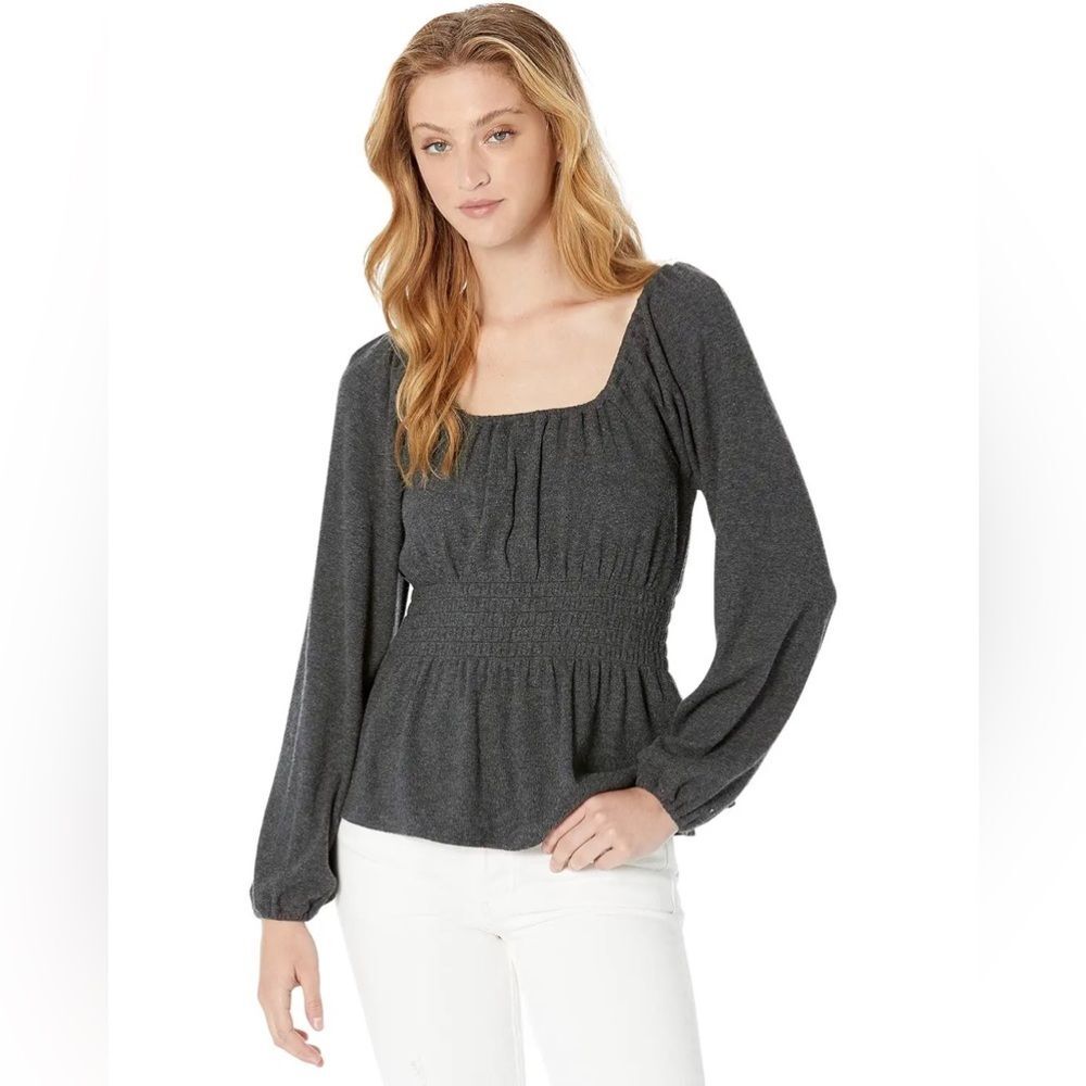 Madewell Plush Square-Neck Smocked Top Charcoal Grey Size Small NWT